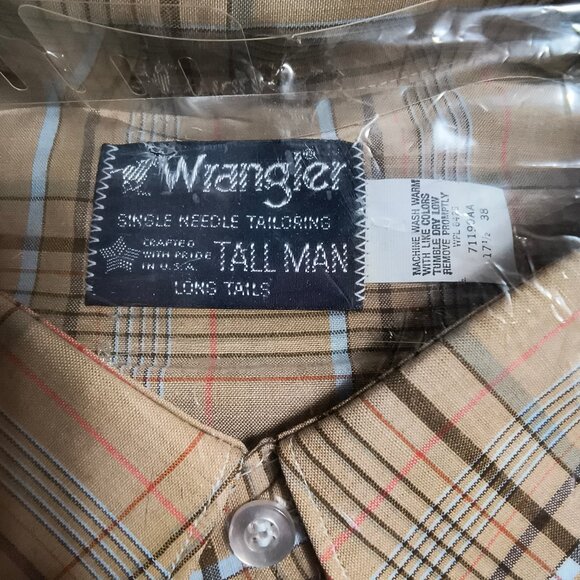 Vintage 80s NOS Wrangler Pearl Snap Western Shirt Beige Plaid 17.5 38 Long Tails - Picture 3 of 4